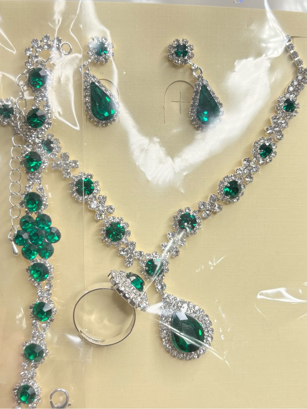 Emerald Green Teardrop Crystal Necklace , Bracelet, Adjustable Ring & Earring